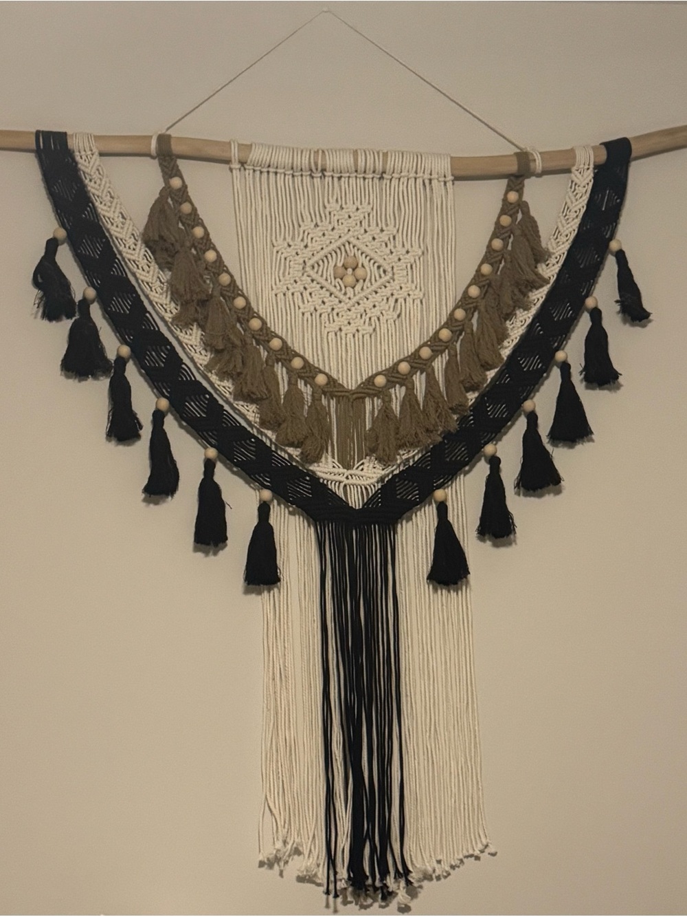 Boho Tassel Macramé Wall Hanging in Cream, Black & Brown